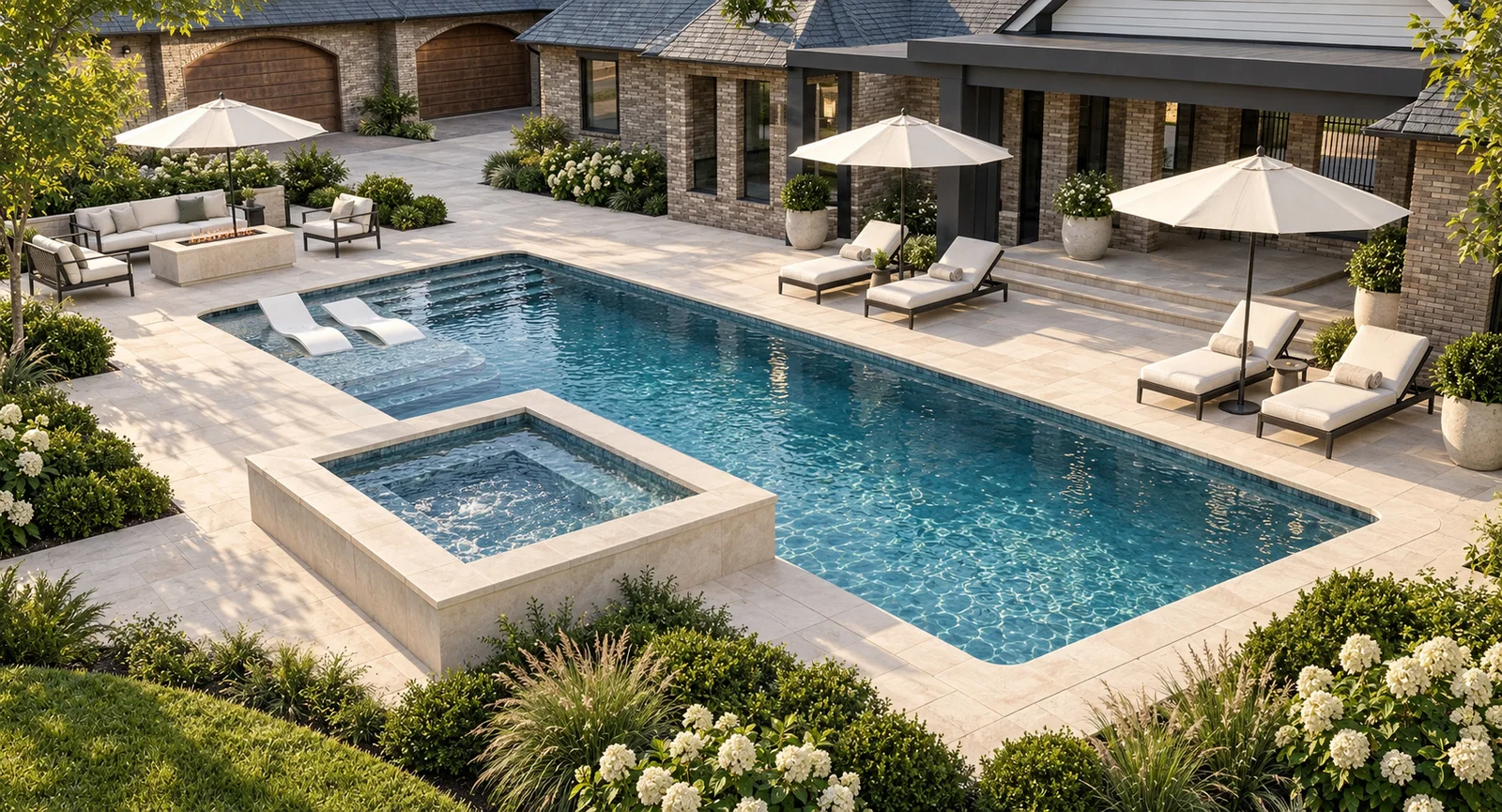 Square backyard pool design without an overflow edge