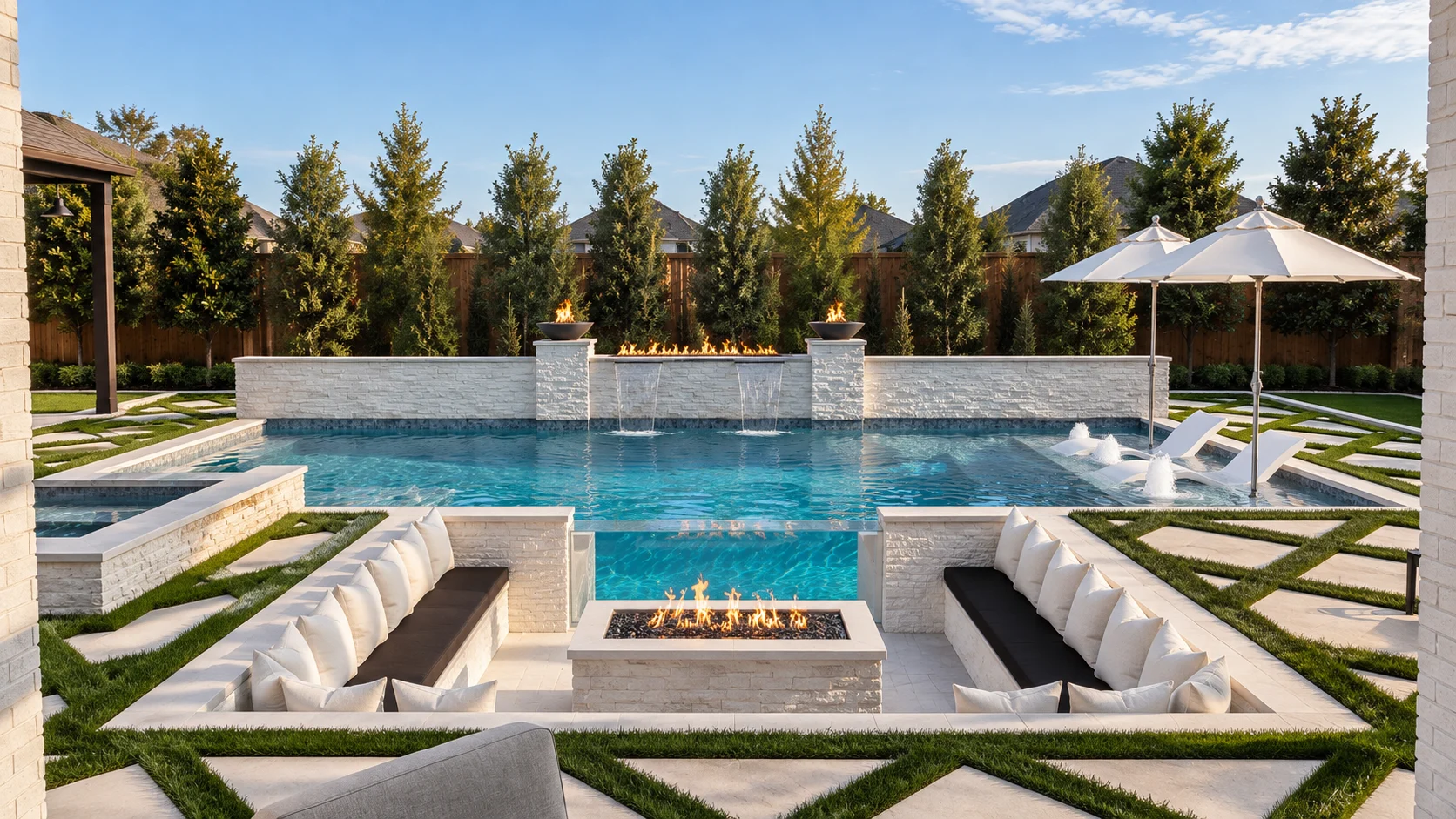 Sunken fire lounge with an acrylic pool window and fire features