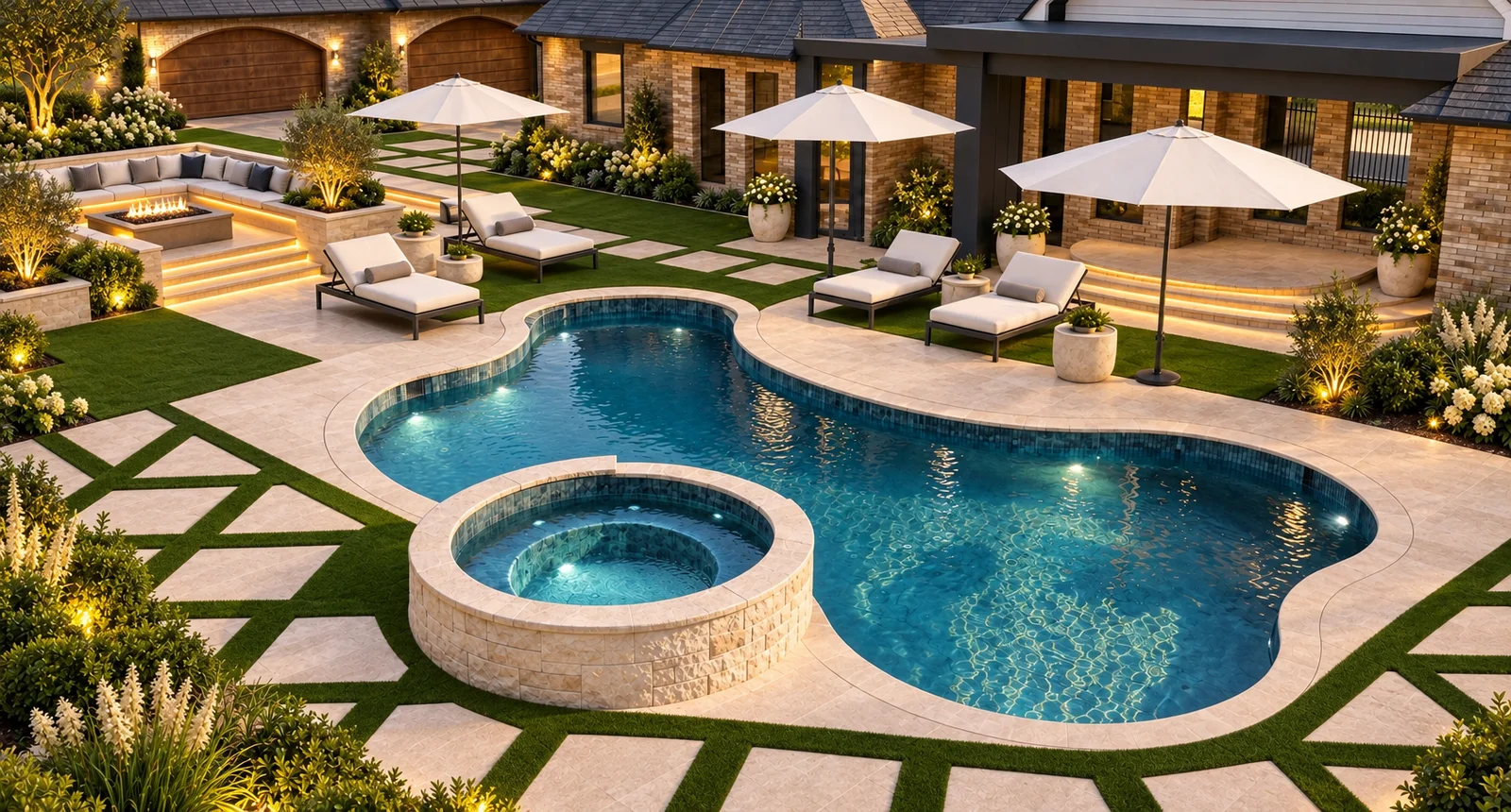 Custom pool design with turf and a raised fire pit