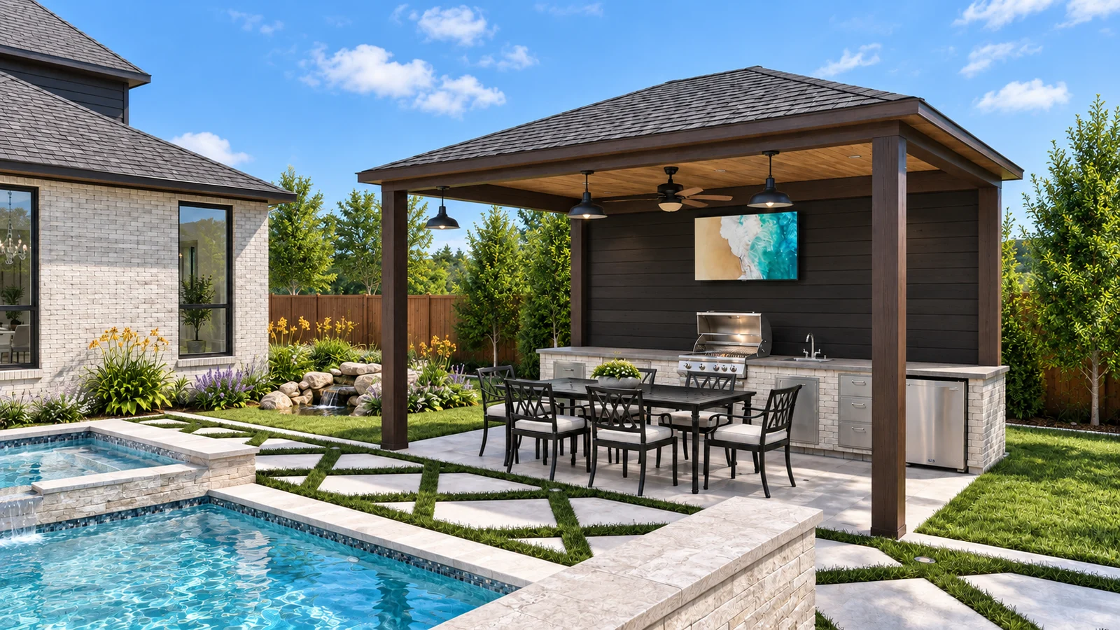 Covered outdoor kitchen and dining patio beside the illuminated pool at night