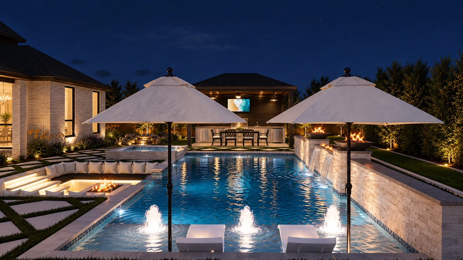 Nighttime pool and spa with waterfalls, fire bowls, and illuminated bubblers